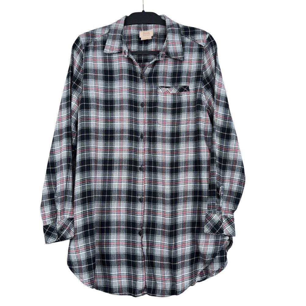 Boston Traders Plaid Button Down Tunic Womens M Cotton Modal Black White Red